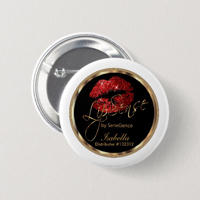 Lipsense - Red Glitter On Black & White 6 Cm Round Badge (Front & Back)