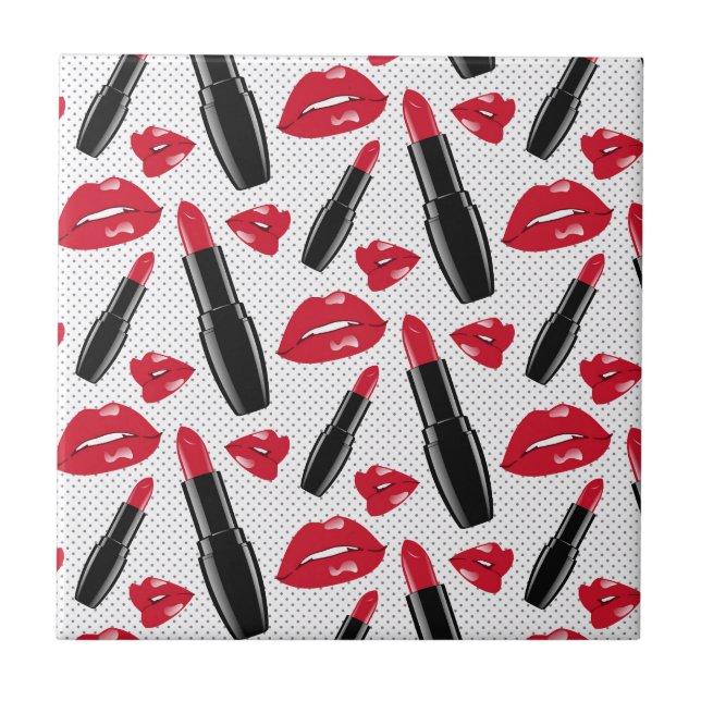 Lipstick And Lips Polka Dot Pattern Ceramic Tile (Front)