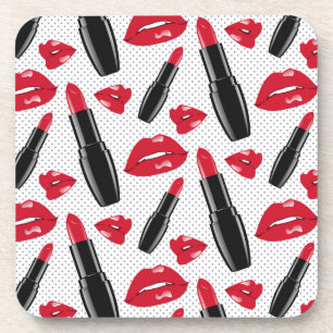 Lipstick And Lips Polka Dot Pattern Coaster