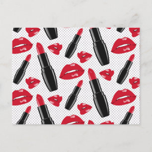 Lipstick And Lips Polka Dot Pattern Holiday Postcard