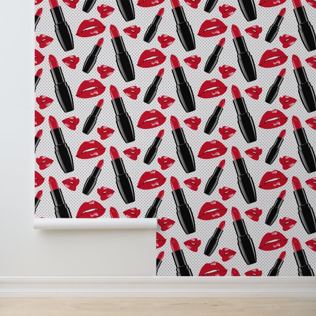 Lipstick And Lips Polka Dot Pattern Wallpaper (Application)
