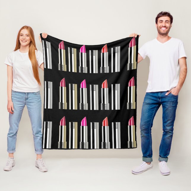 Lipstick beauty cosmetic pink black silver pattern fleece blanket (In Situ)