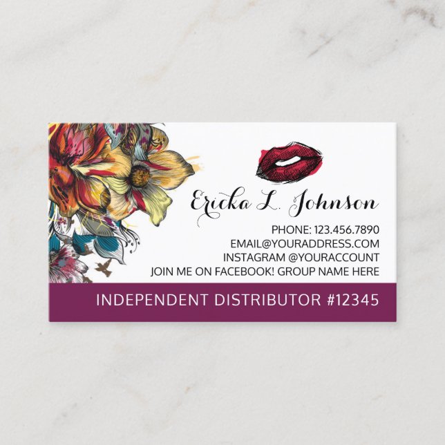 Lipstick Distributor Modern Floral Loyalty Punch Card (Front)