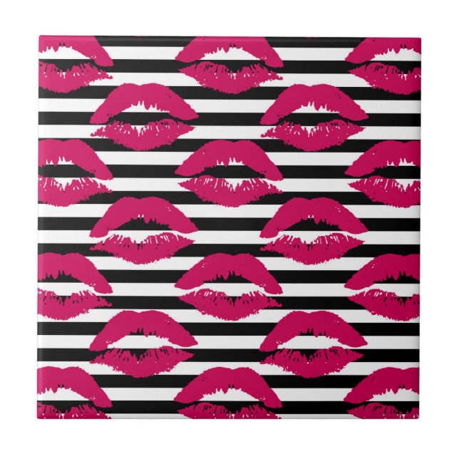Lipstick Kiss B&W Striped Pattern Ceramic Tile (Front)