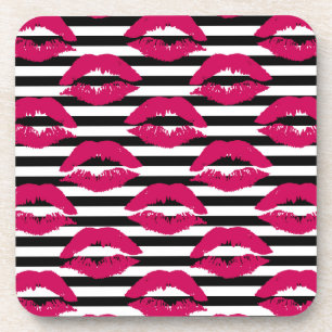 Lipstick Kiss B&W Striped Pattern Coaster