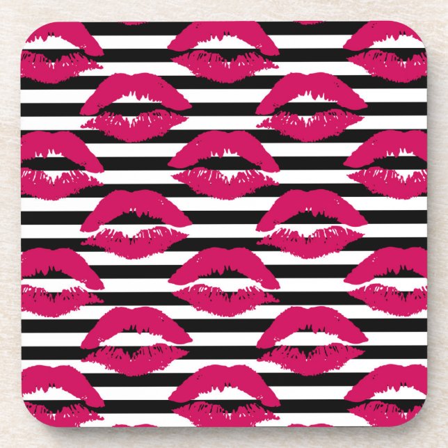 Lipstick Kiss B&W Striped Pattern Coaster (Front)
