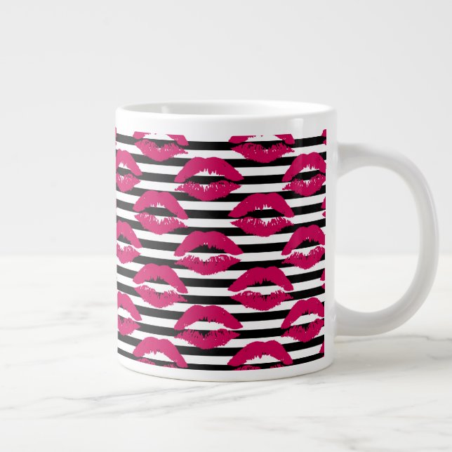 Lipstick Kiss B&W Striped Pattern Large Coffee Mug (Right)