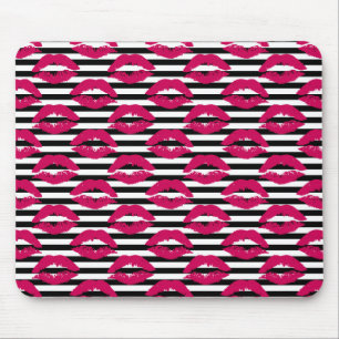 Lipstick Kiss B&W Striped Pattern Mouse Pad