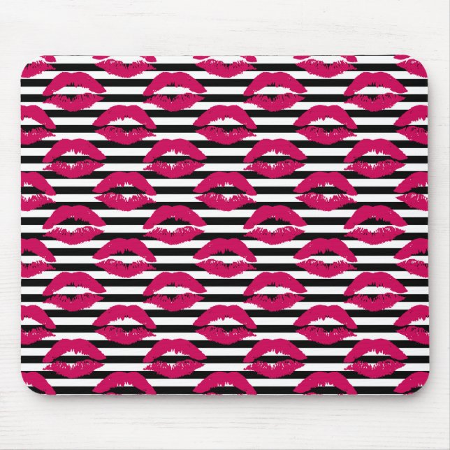 Lipstick Kiss B&W Striped Pattern Mouse Pad (Front)
