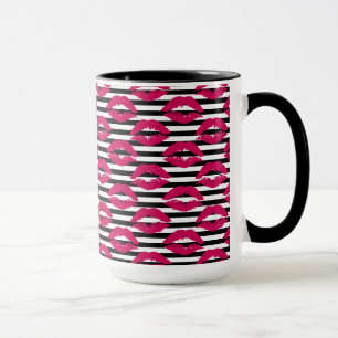 Lipstick Kiss B&W Striped Pattern Mug