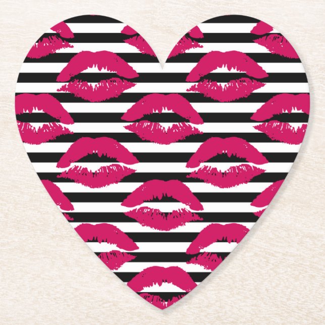 Lipstick Kiss B&W Striped Pattern Paper Coaster (Front)