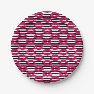 Lipstick Kiss B&W Striped Pattern Paper Plate