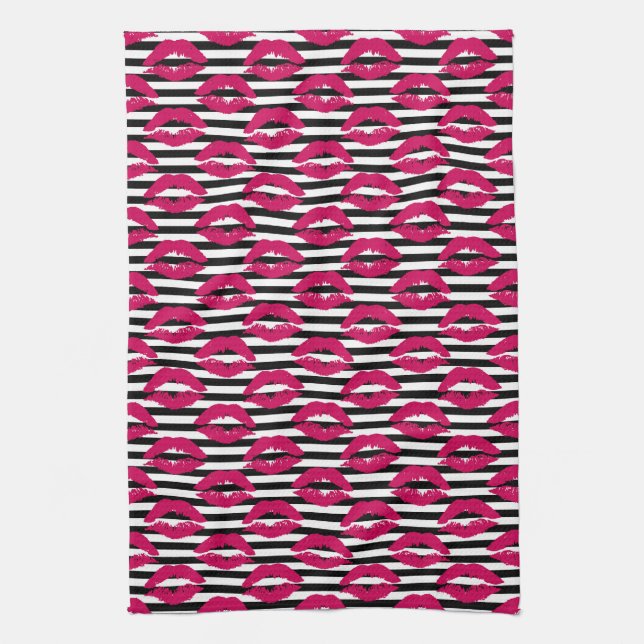 Lipstick Kiss B&W Striped Pattern Tea Towel (Vertical)