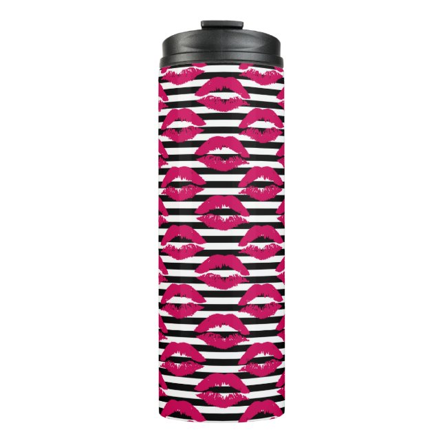 Lipstick Kiss B&W Striped Pattern Thermal Tumbler (Front)