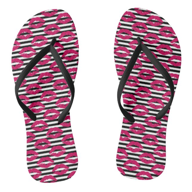 Lipstick Kiss B&W Striped Pattern Thongs (Footbed)