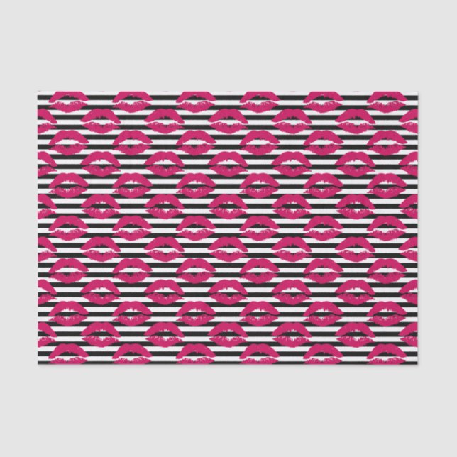 Lipstick Kiss B&W Striped Pattern Tissue Paper (Front)