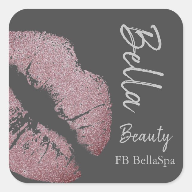 Lipstick kiss pink purple lip grey beauty spa square sticker (Front)