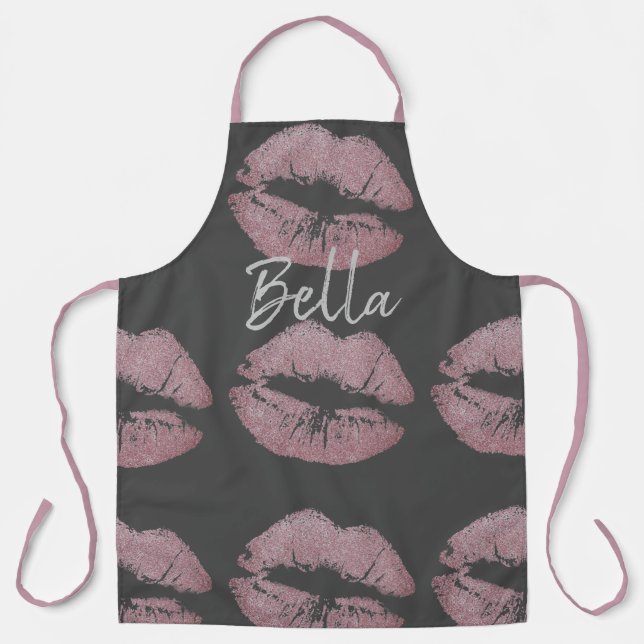 Lipstick kiss print pink and grey cute apron (Front)