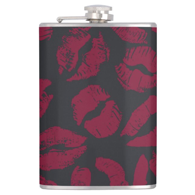 Lipstick Kisses: Dark Red Imprints Hip Flask (Front)