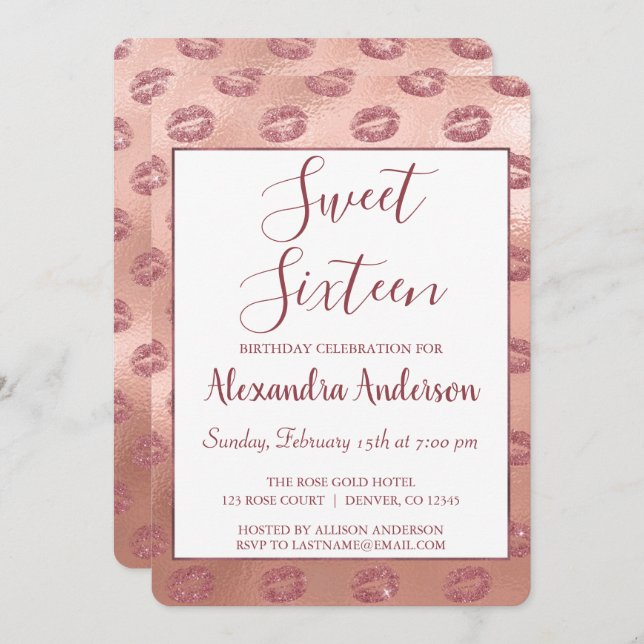 Lipstick Kisses Rose Gold Sweet Sixteen Birthday Invitation (Front/Back)