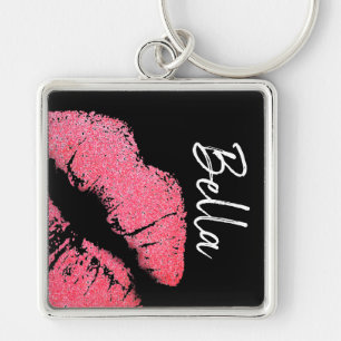 Lipstick print pink lip stain black white cute key ring