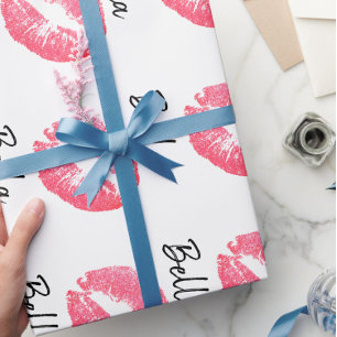 Lipstick print pink lip stain black white cute wrapping paper