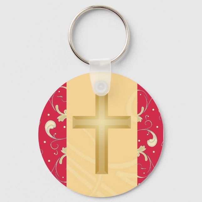 Lipstick Red, Gold, Christian Cross, Damask Favour Key Ring (Front)