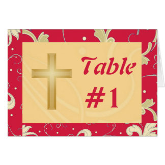 Lipstick Red, Gold, Cross, Damask Table Card