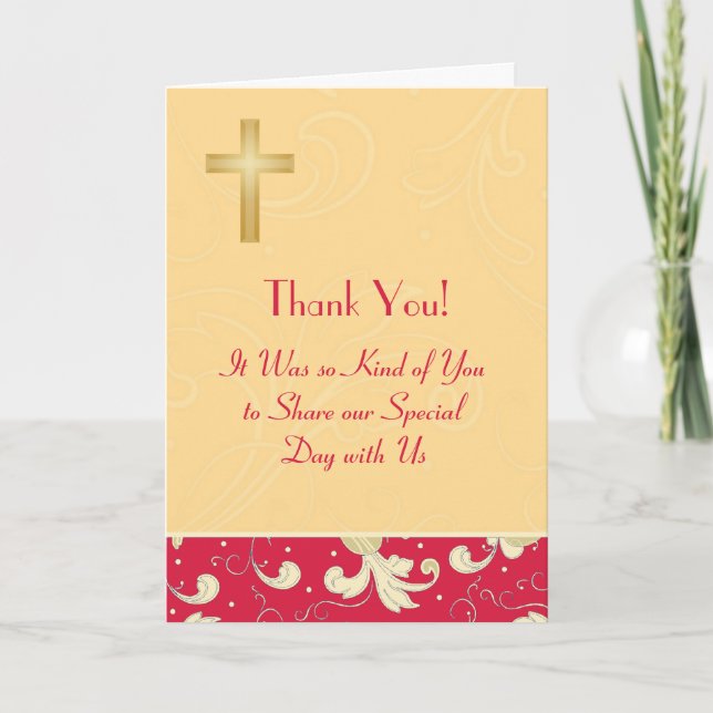 Lipstick Red, Gold, Cross, Damask, Thank You Card (Front)