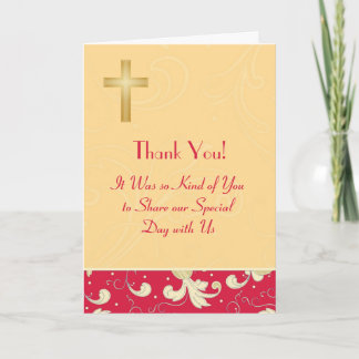 Lipstick Red, Gold, Cross, Damask, Thank You Card