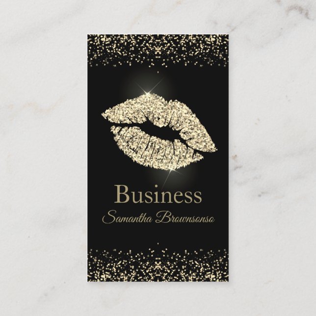 Lipstick sepia Glitter lips gold makeup salon Business Card (Back)