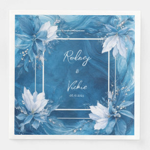 Liquid Art Royal Blue White Floral Winter Wedding Napkin