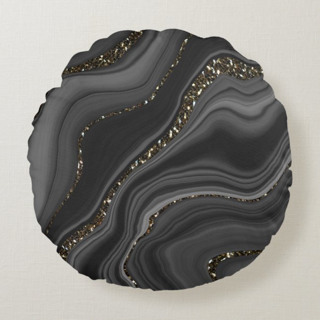 Liquid Black Grey White Agate Glitter Dream #2 Round Cushion (Front)