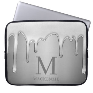 Liquid Chrome Drips Silver Metal Monogram Laptop Sleeve