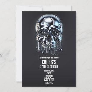 Liquid Chrome Silver Drip Skull Birthday Party Invitation