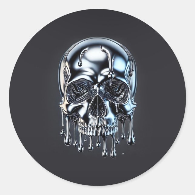 Liquid Chrome Silver Drip Skull Halloween Party Classic Round Sticker (Front)
