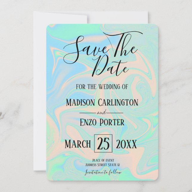 Liquid faux holographic iridescent texture invitation (Front)