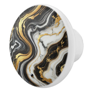 Liquid Gold Black White Marble Look Glam  Ceramic Knob