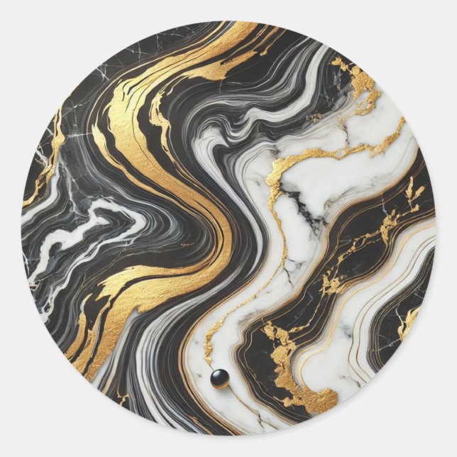 Liquid Gold Black White Marble Look Glam Wedding  Classic Round Sticker (Front)