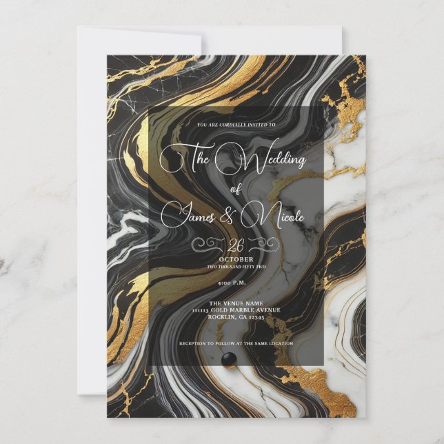 Liquid Gold Black White Marble Look Glam Wedding  Invitation (Front)
