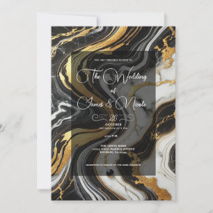 Liquid Gold Black White Marble Look Glam Wedding  Invitation