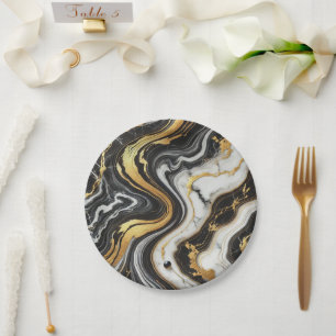 Liquid Gold Black White Marble Look Glam Wedding  Paper Plate
