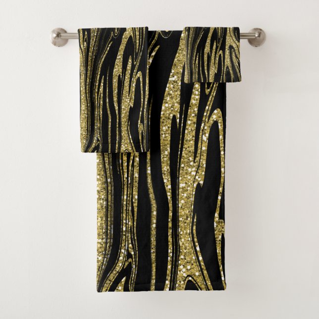 Liquid Gold Glitter Black Glam Modern Bath Towel Set (Insitu)
