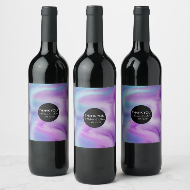 Liquid Ink Colourful Purple Marble Swirl Thank You Wine Label (Bottles)