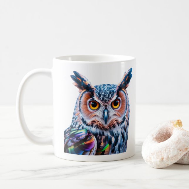 Liquid Ink Owl Bright Feathers Coffee Mug (With Donut)
