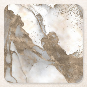 Liquid marble - pearl and gold square paper coaster