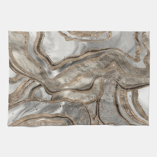 Liquid marble - pearl and gold tea towel (Horizontal)