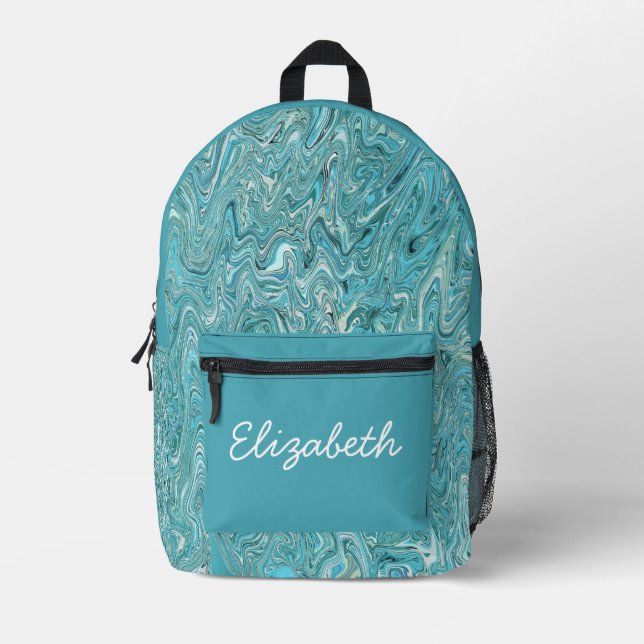Liquid marble swirl teal blue green custom name printed backpack (Front)