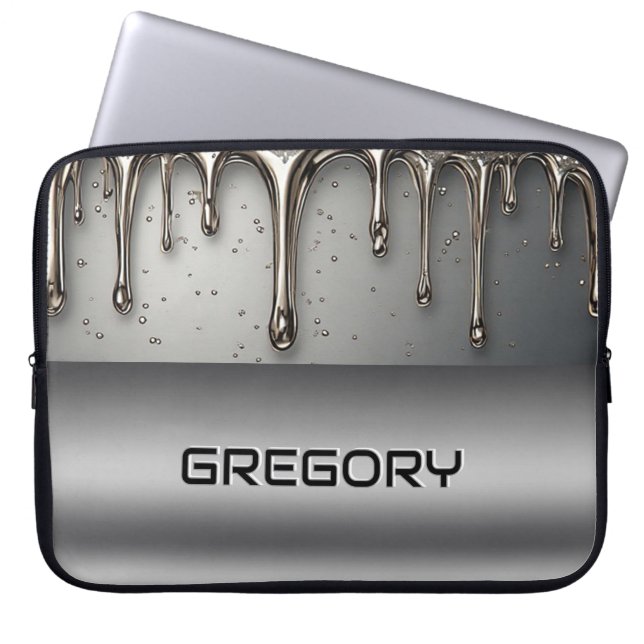 Liquid Metal Dripping Over Silver Chrome Surface Laptop Sleeve (Front)