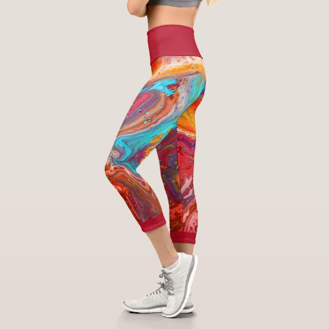 Liquid Paint Marbling Red Blue Multi Colour Capri  Leggings (Left)